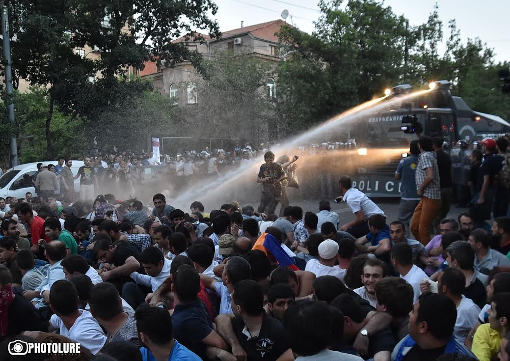 23/06/2015. YEREVAN, ARMENIA. Because of energy price increase in Armenia, clashes between protesting people and policemen happened during the protest march