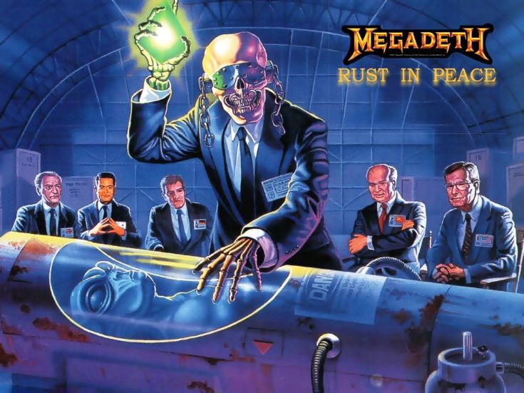 Обложка альбома Rust in Peace (1990)  группы Megadeth. На заднем плане с права налево: Джордж Буш Старший, Михаил Горбачёв, президент ФРГ Рихард фон Вайцзеккер, премьер-министр Японии Тошики Кайфу и премьер-министр Великобритании Джон Мейджор 